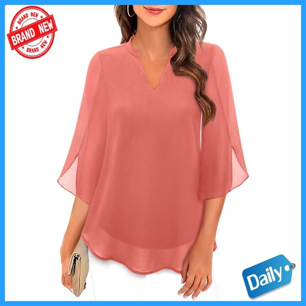 Chiffon Blouse 3/4 Bell Sleeve V Neck Double Layer Ruffle Casual Dressy
